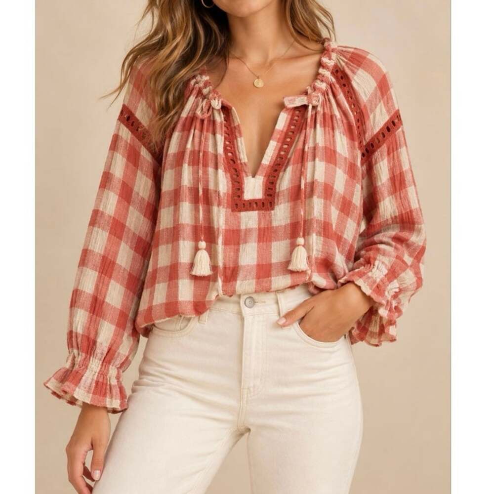Free People Honey Grove Gingham Plaid Boho Peasant Top Blouse Tassel Tie Cotton